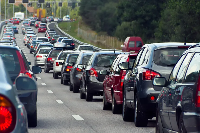 Long line of backed up traffic on the highway