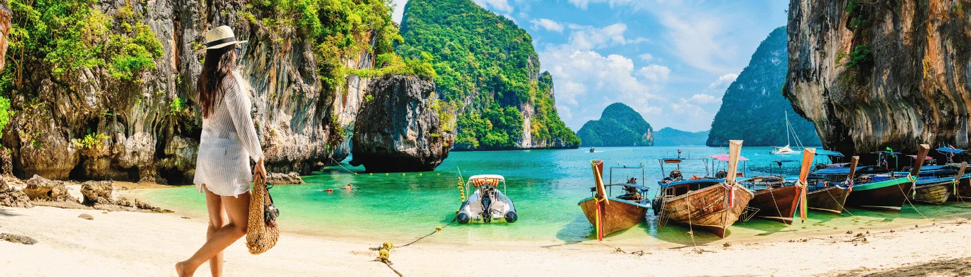 Traveler woman on vacation beach joy nature panorama view scenic landscape island in Thailand