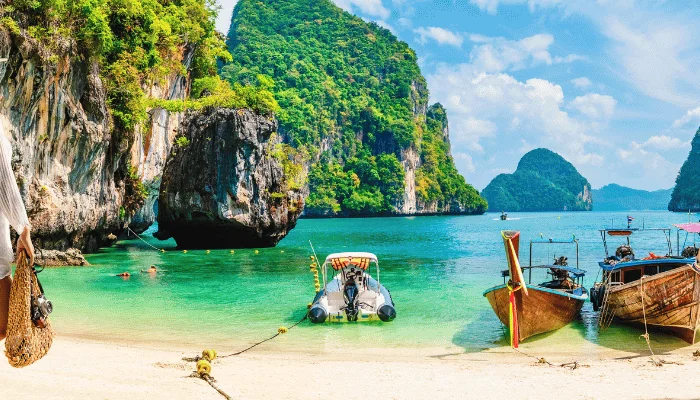 Traveler woman on vacation beach joy nature panorama view scenic landscape island in Thailand