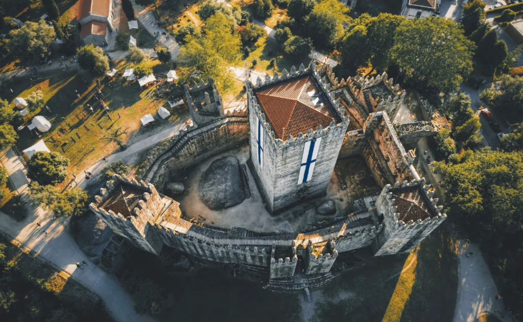 Aerial view of the town, castle, Portugal, city, Guimarães, castillo, drone