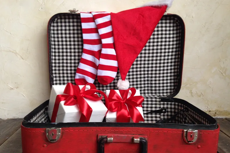 Wrapped gifts in red suitcase