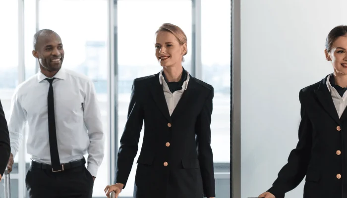 Flight crew entering airport terminal